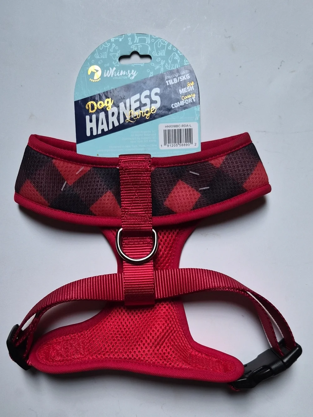Whimsy Doghaus Buffalo Plaid Red And Black Dog Harness-Size Large33-55lbs